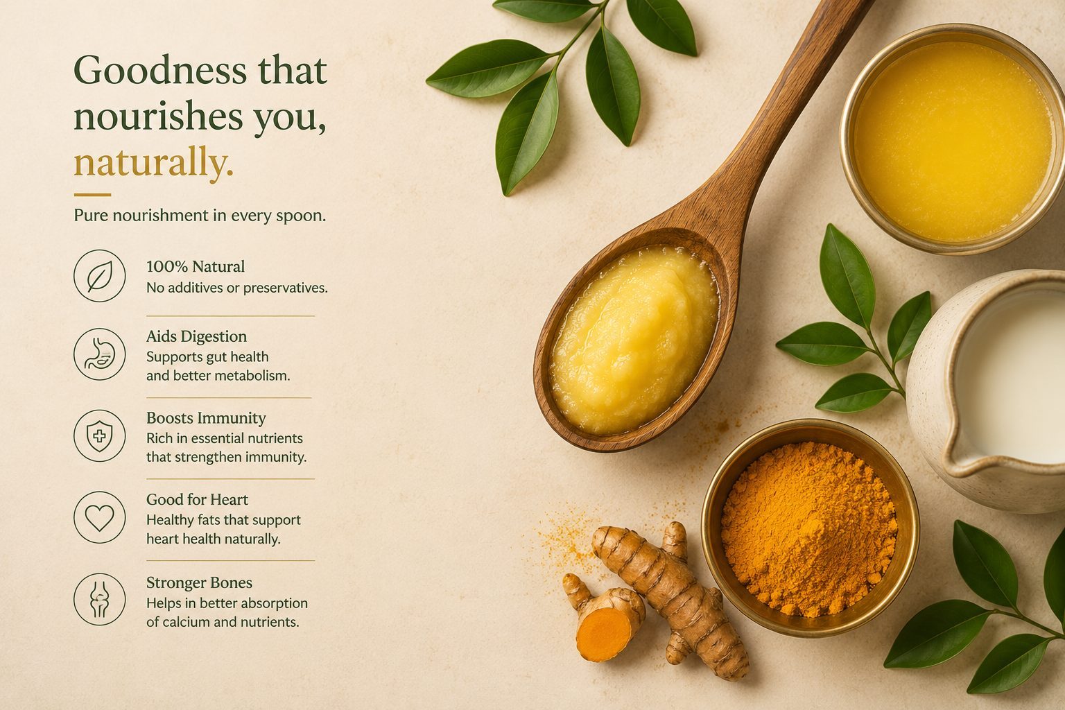 Ghee, milk and turmeric flatlay with a wooden spoon