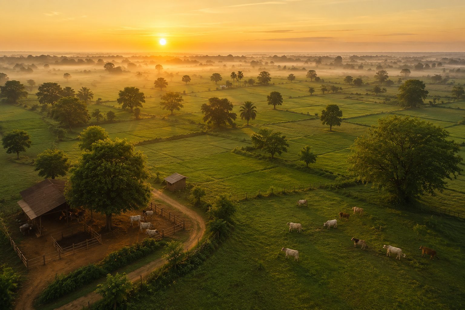 Aerial view of green farmland at sunrise with cows grazing near a farmhouse