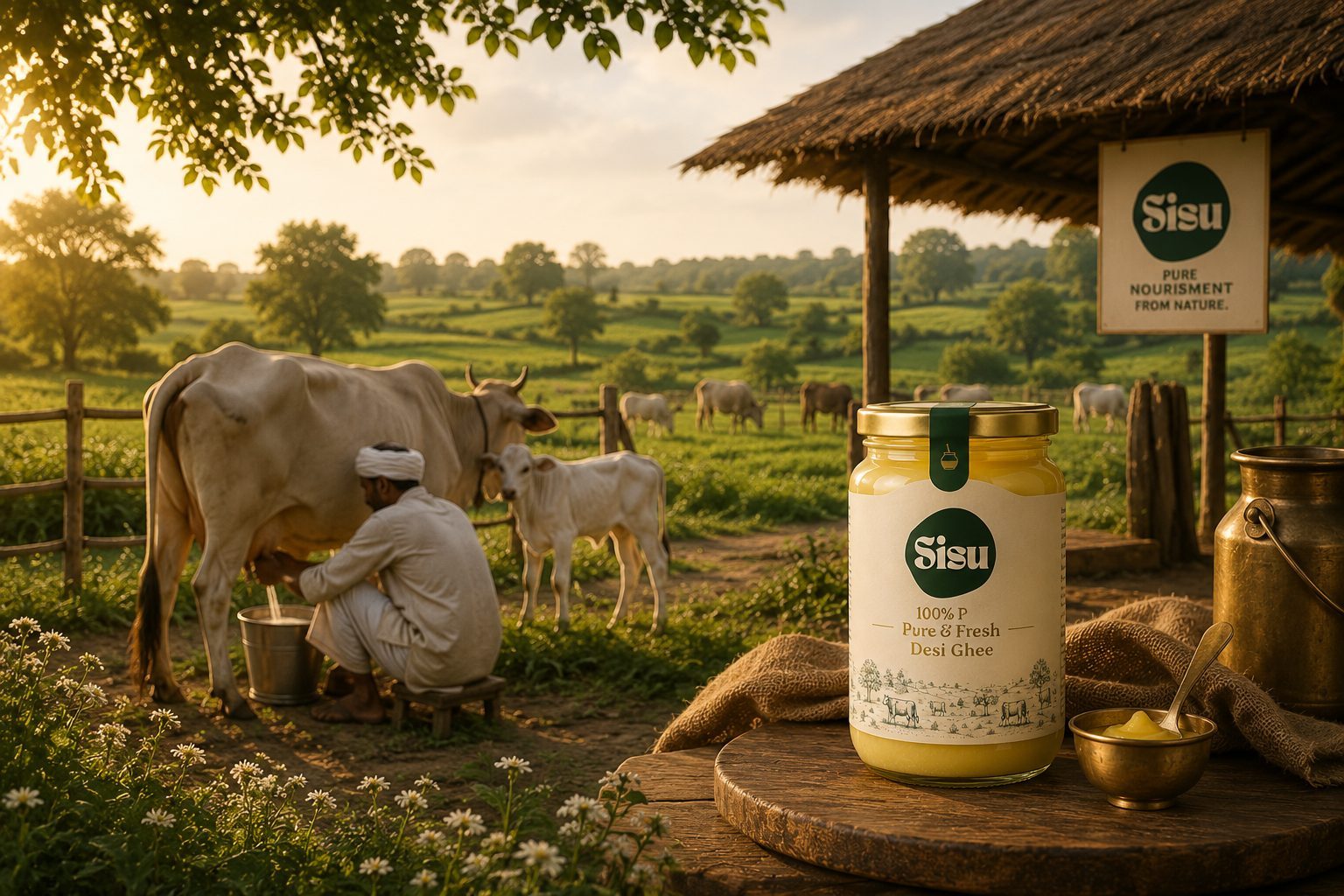Farmer milking a cow at sunrise, jar of Sisu ghee on a wooden table