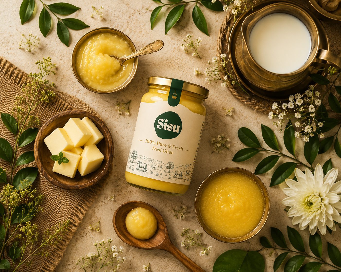 Sisu ghee flatlay with milk, butter and turmeric on a stone table