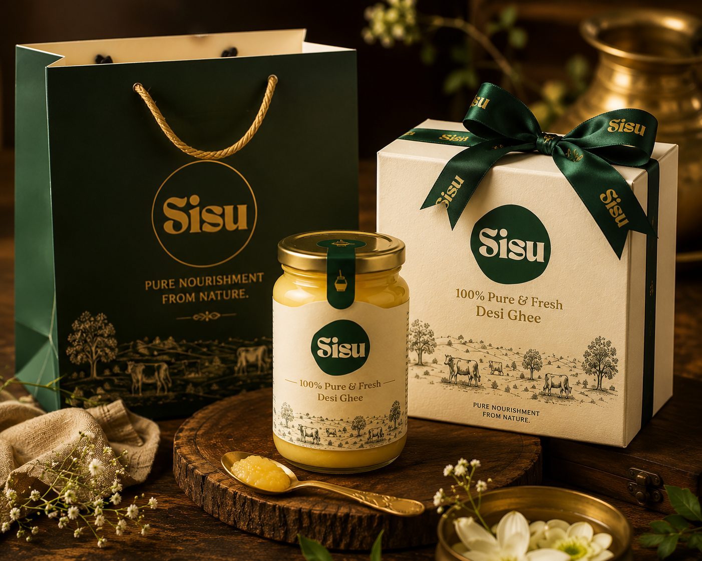 Sisu gift box, bag and jar with a gold ribbon on a wooden table