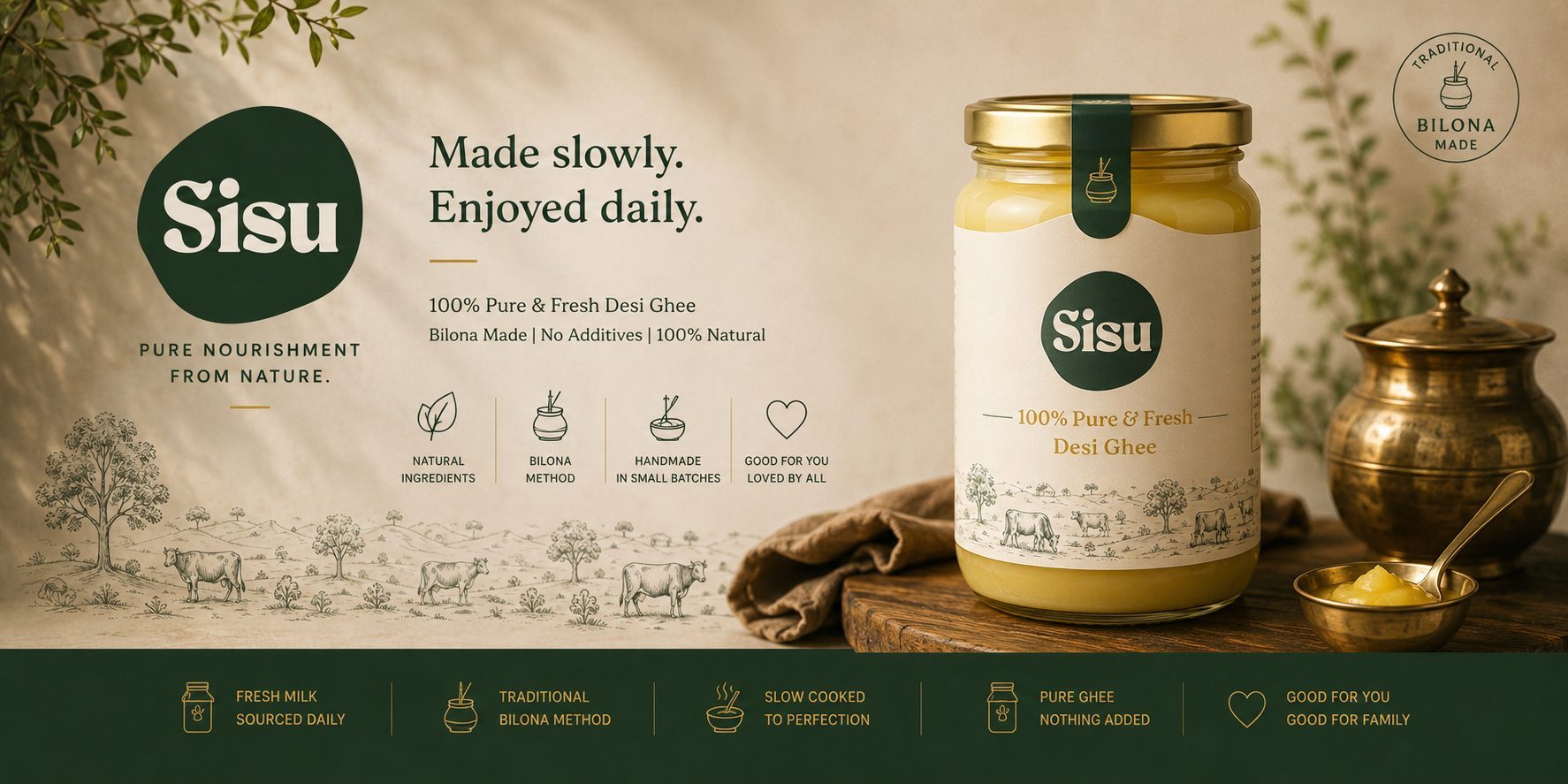 Sunrise over green fields, a farmer with a brass milk pot, cows grazing, and a jar of Sisu ghee on a wooden table.